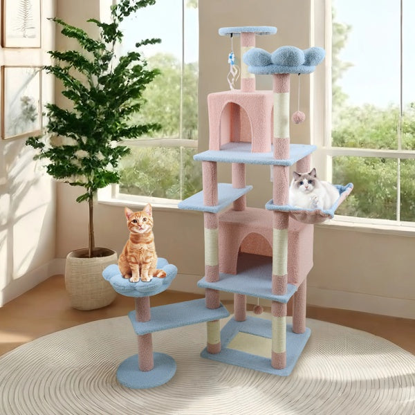 71 Inch Flower Cat Tree With Large Condo Removable Flower Cushion And Hammock Blue - 5 - CJ