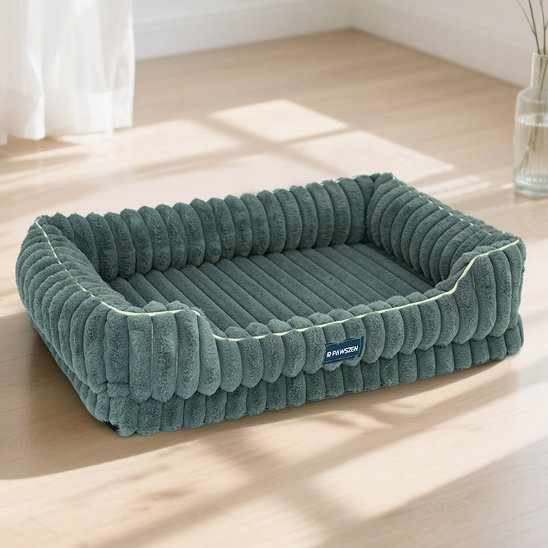 Striped Rabbit Fur Pet Bed Large Square Kennel - 0 - CJ