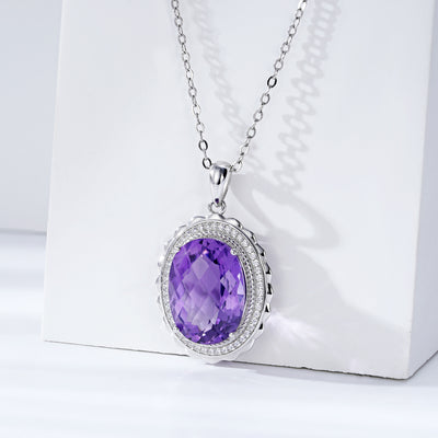 Luxury Style Necklace S925 Silver Set Oval Natural Amethyst Pendant - 4 - CJ