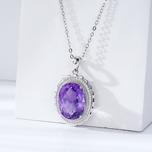 Luxury Style Necklace S925 Silver Set Oval Natural Amethyst Pendant - 4 - CJ
