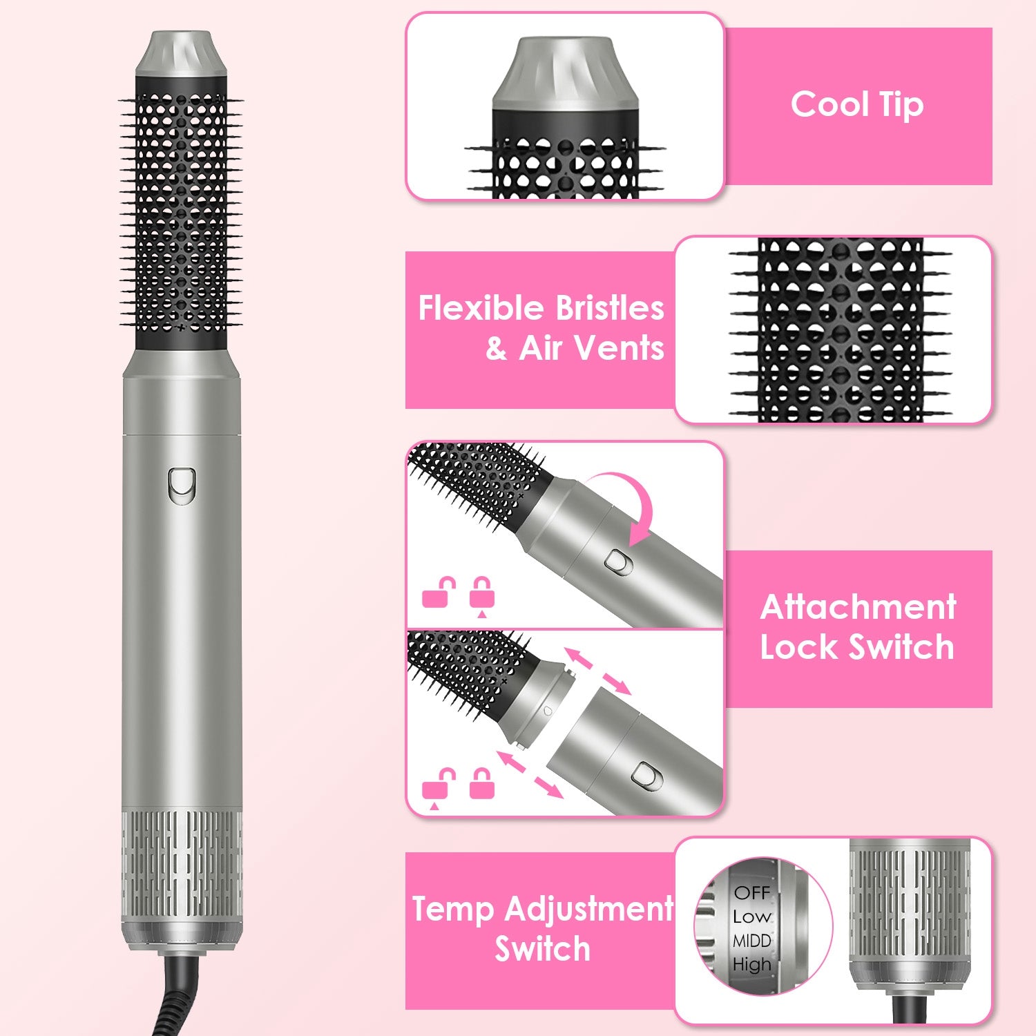 1Pc 6 In 1 Hot Air Styler Volumizer Straightener Curler Dryer Automatic Wrap Styler Hair Dryer Brush Set With 3 Temp Settings ALCI Plug Glove Cable Zip Tie - 5 - CJ