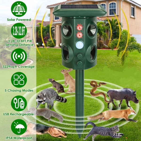 5 Modes Animal Repeller - Solar/USB Rechargeable, PIR Sensing, 3229Sq.ft Coverage, IP54 Waterproof, Repels Rodents Birds Snakes Raccoons - 5 - CJ