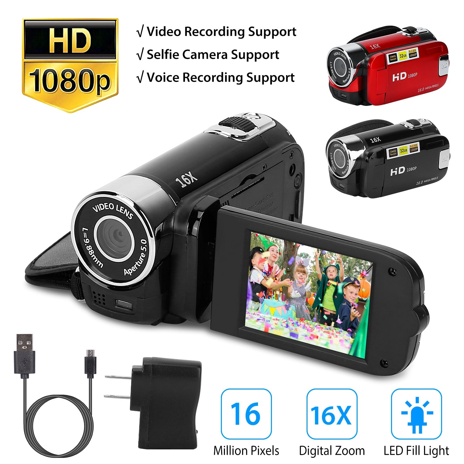 Black - Red Options - 1Pc HD 1080P Digital Video Camcorder 2.7in 16X Zoom DV Camera 270 Degree Rotation Rechargeable Kid Camera With Fill Light Selfie - 5 - CJ