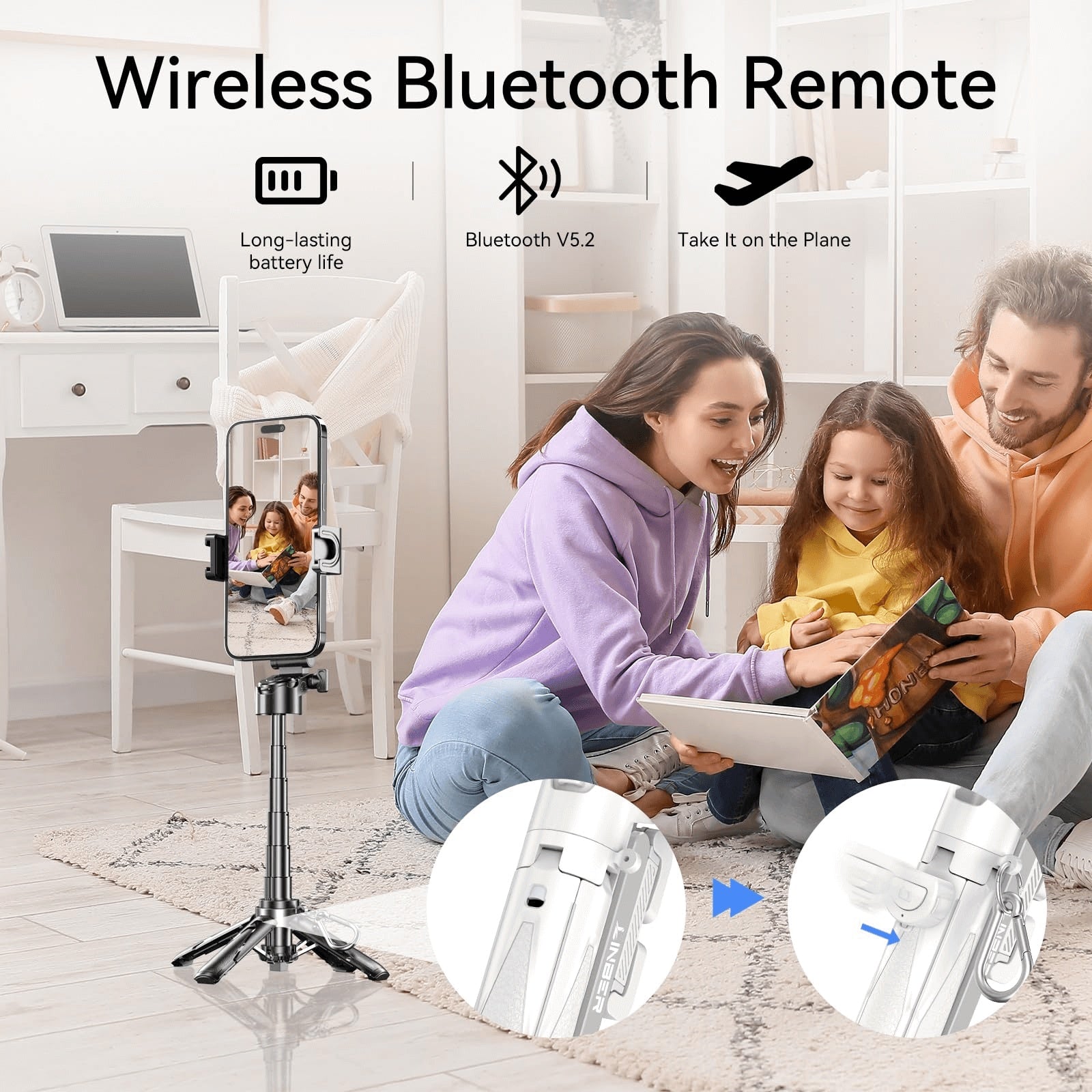 Phone Selfie Tripod Small With Romote - 3 In 1 Cell Phone Tripod Stick 4 Sections Extenable Foldable Pocket Size 2 Cold Shoe Mount 360 Degree Rotation 33ft Remote Control For Phone Smartphone - 5 - CJ