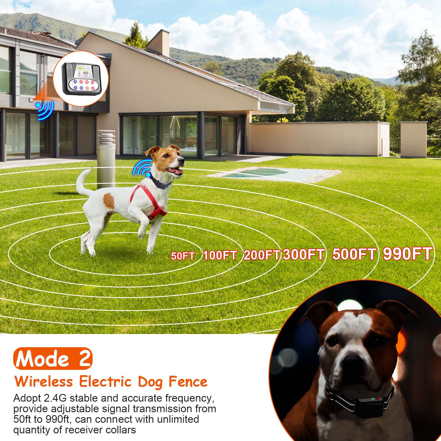 1Set 990FT Range Dog Wireless Fence Remote Training Collar IPX6 Waterproof Receiver With 0 - 9 Levels Beep Vibration Shock Mode 4 Channels Rechargeable Transmitter System - 5 - CJ
