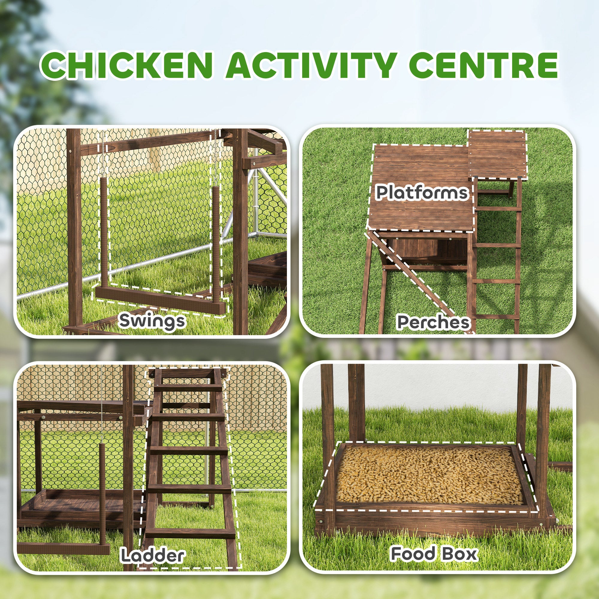 Wooden Chicken Activity Play Set With Perch, Swing, Ladder, Platforms, Feeder Storage, Coffee - 5 - CJ