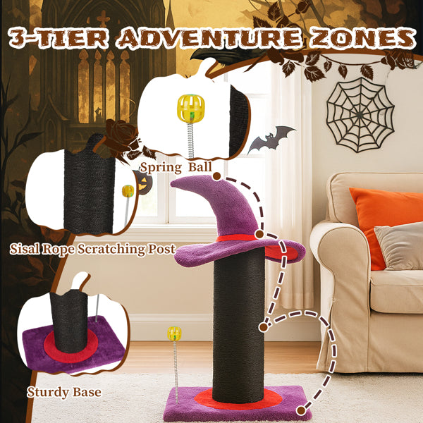 Wizard Hat Cat Scratching Post With Spring Ball Toy For Indoor Cats, Halloween Spooky Cat Scratcher, Purple - 5 - CJ