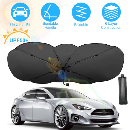 1Pc 57x33In Foldable Car Sun Umbrella Universal Sun Blocker Shield Shade Silver Titanium Sun Protector With Carry Bag For Car Truck SUV - 5 - CJ