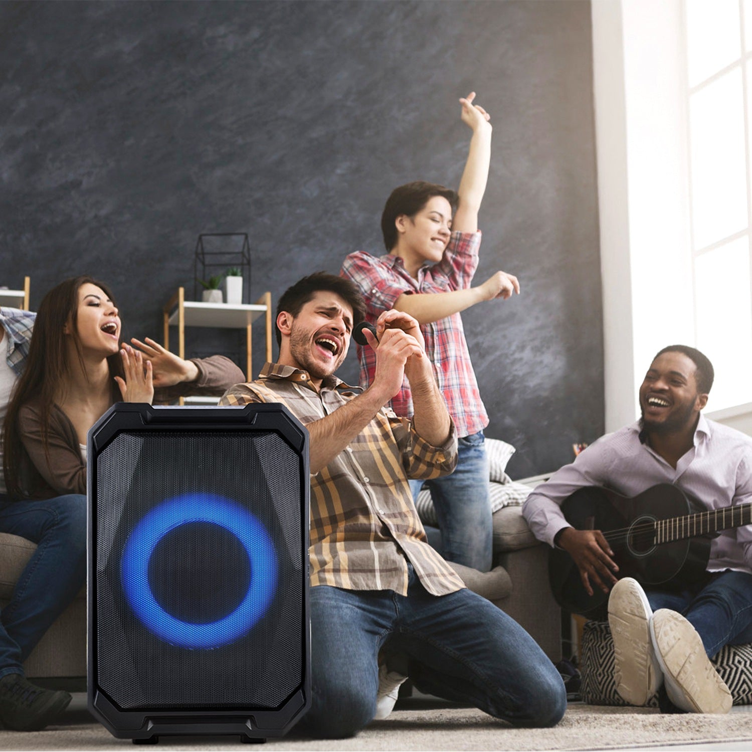 1Pc Portable Wireless Party Speaker With LED Light 2 Wireless Mics Remote Control TWS Music Accompany Mic. Priority Bass Echo Mic Treble Guitar In - 5 - CJ
