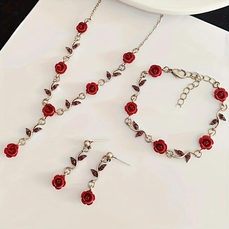 Lxalry Romantic Red Rose Jewelry Set, Handmade Electroplated Necklace Bracelet & Earrings Trio, Bridal Gift For Wedding Elegance & Everyday Romance - 5 - CJ