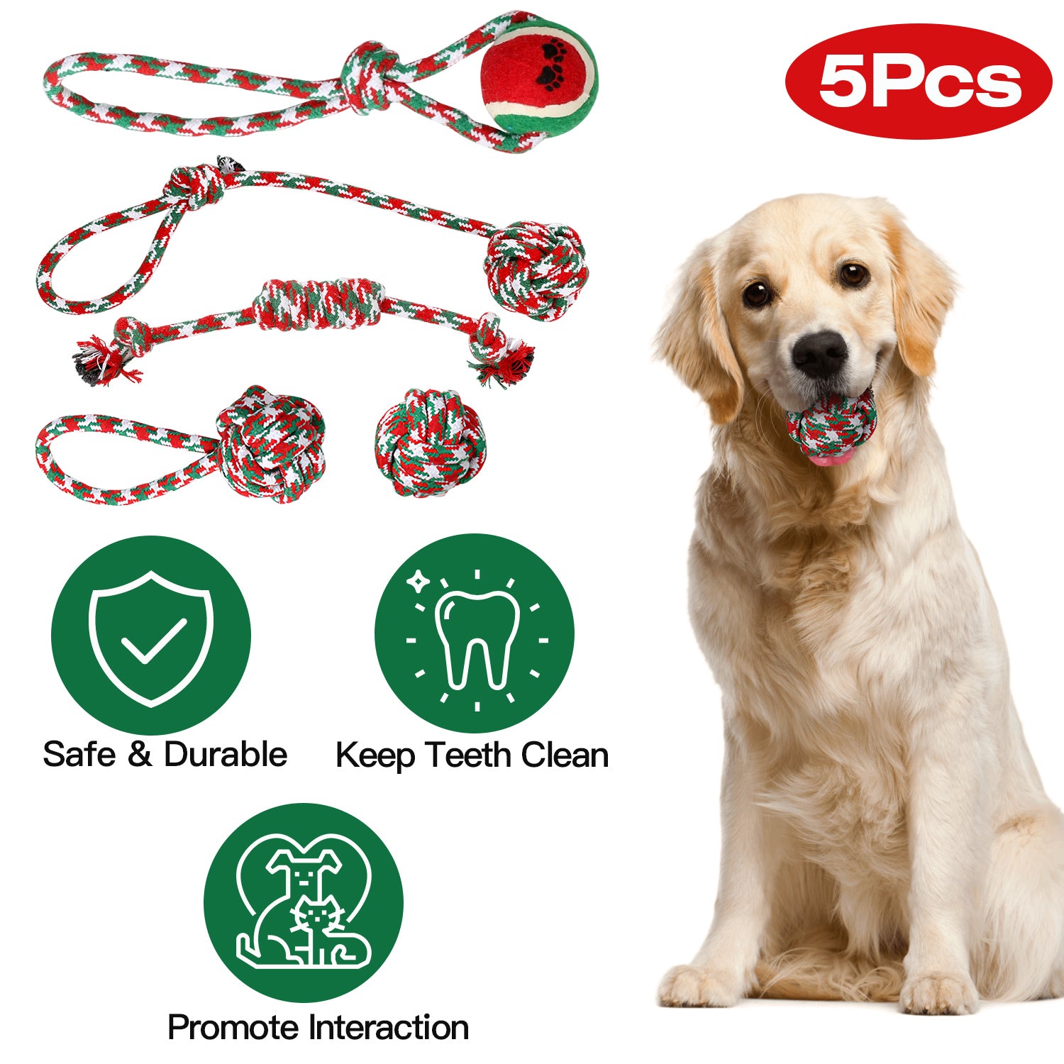 Set Of 5Pcs Christmas Dog Rope Chew Toys Dog Interactive Toys Set For Puppy Small Medium Aggressive Chewers Dogs Training Teething Playing - 5 - CJ