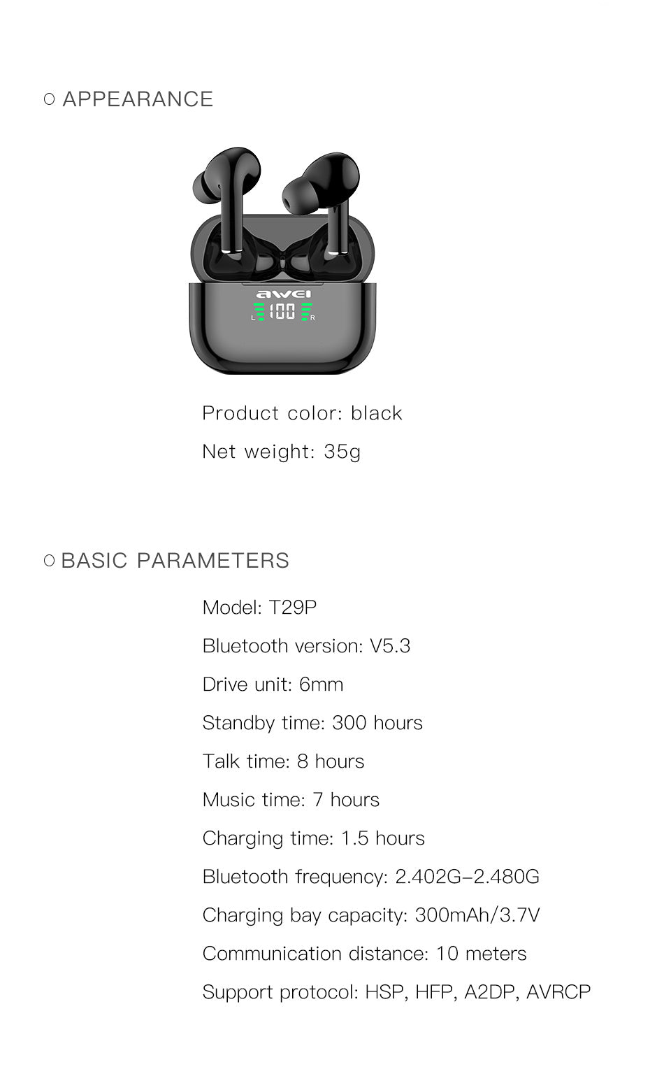 AWEI True Wireless Bluetooth Charging Pod Headphones