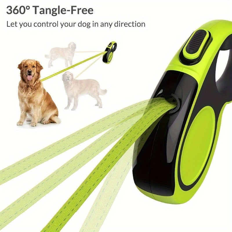 Heavy-Duty Retractable Dog Leash For Large Dogs Up To 49.9 KG - 4.88meter High-Reflective Nylon, Anti-Slip Handle, One-Button , Green And Black