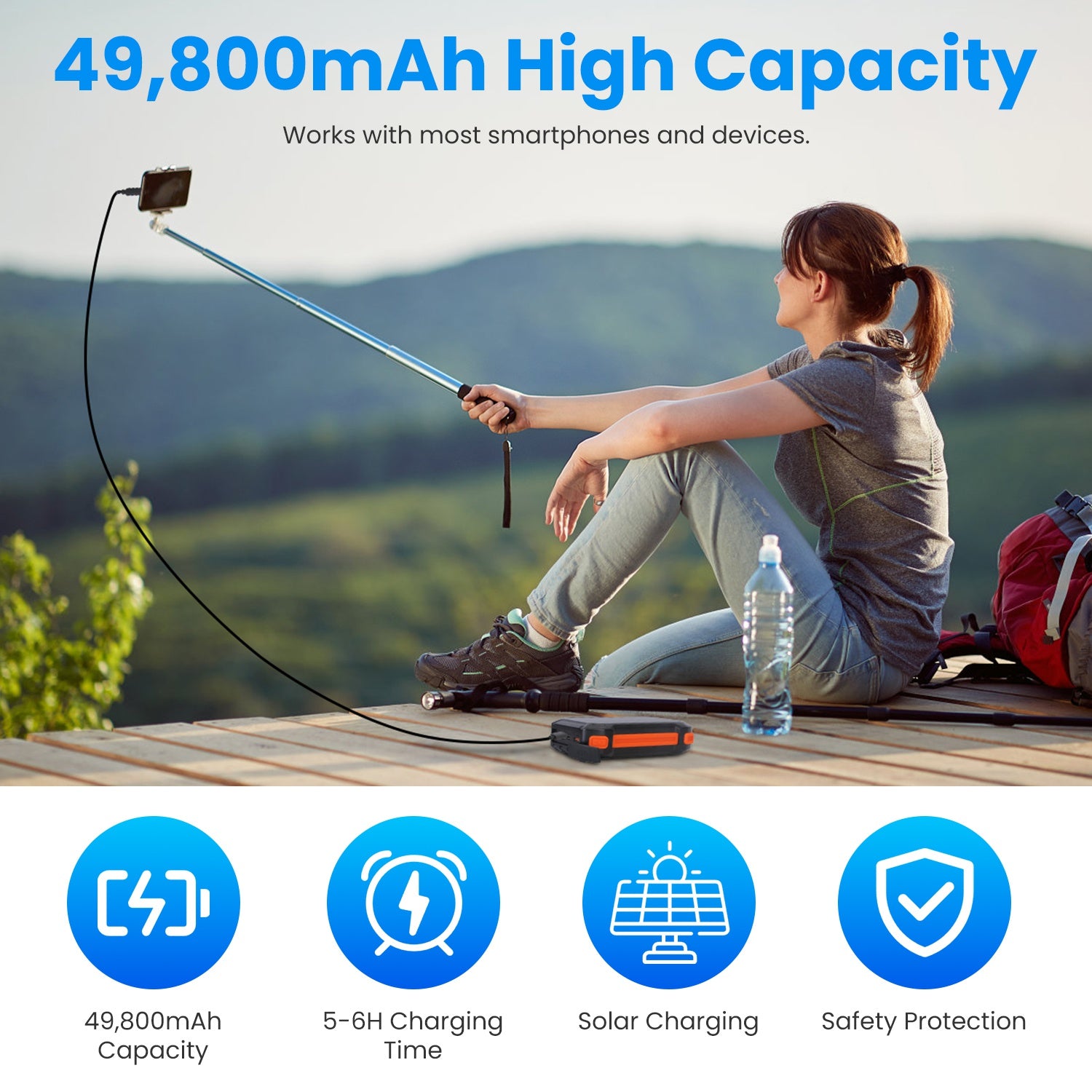 1Pc Portable Solar Charger 49800mAh Power Bank External Battery Pack 22.5W PD Fast Charging Built In 4 Cables 15W Wireless Charging LED Flashlight For Camping Hiking Picnic Travel - 5 - CJ