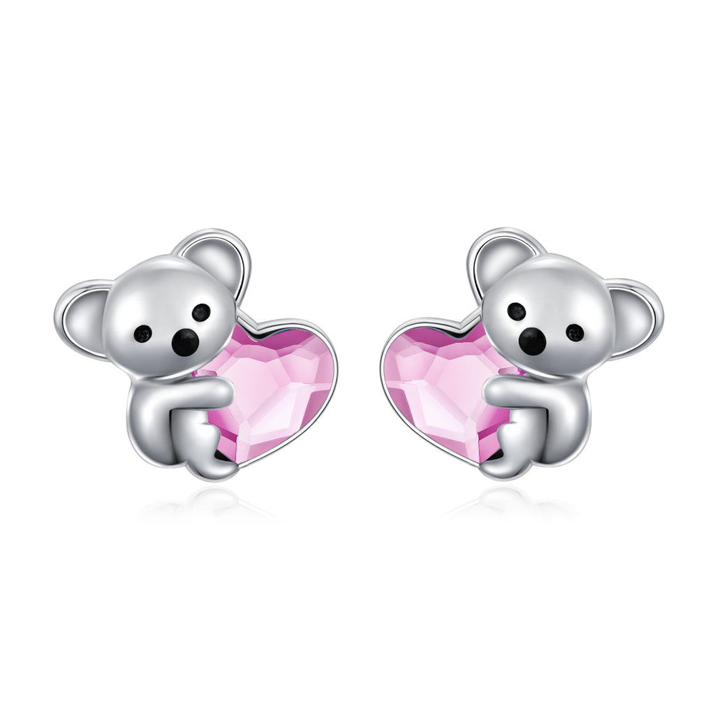 925 Sterling Silver Koala Bear Cute Animal Hypoallergenic Heart Crystal Earrings Jewellery