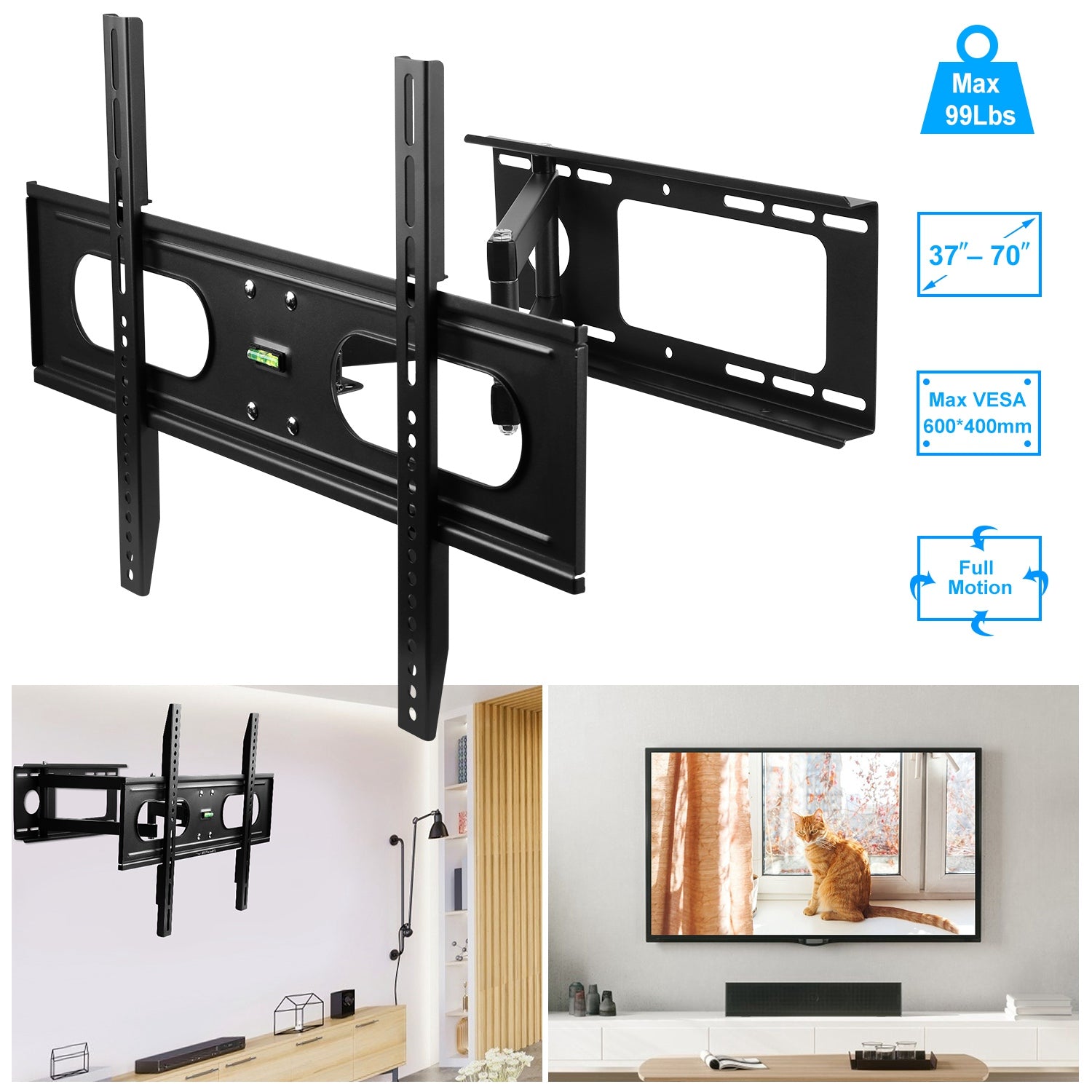 1Pc Full Motion TV Wall Mount Swivel Tilt TV Wall Rack Support 37in To 70in TV Wall Mount Max VESA Up To 600x400mm Holds Up To 99LBS - 5 - CJ