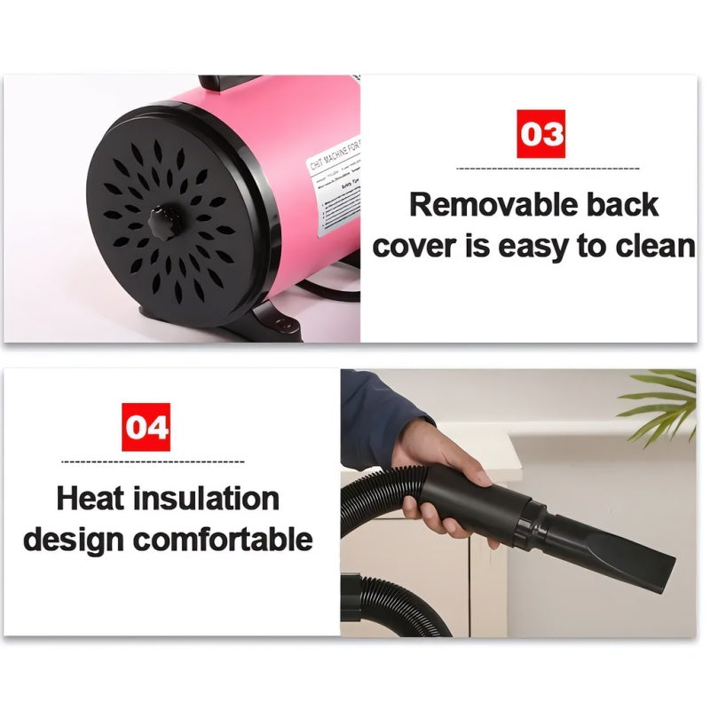 Professional-Grade Pet Grooming Blow Dryer With Adjustable Speed & Temperature, 4 Nozzles For Dogs&Cats, Quiet-Operation Heavy Duty Hair Dryer - Corded Electric Pink&bule