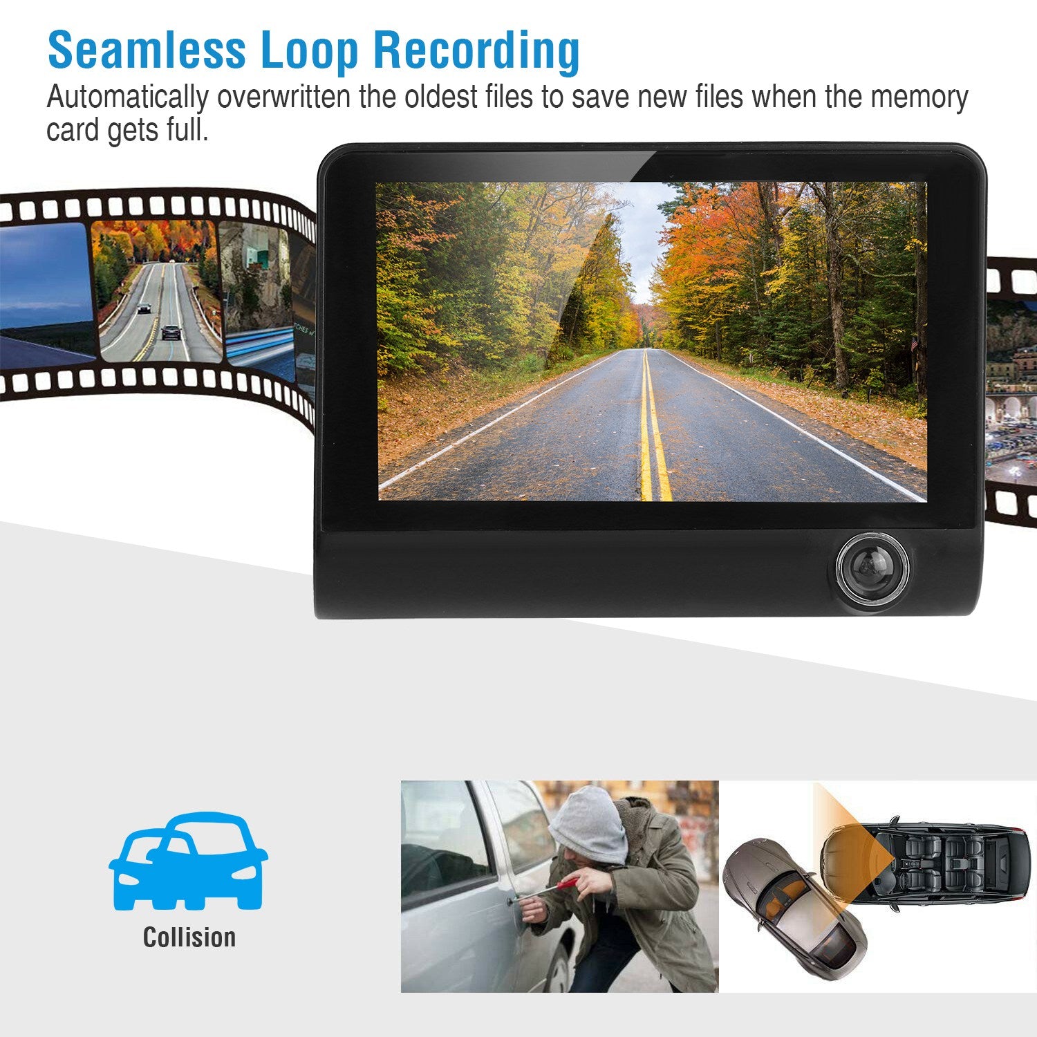 1296P Car DVR Dash Camera 4In 3 Lens Vehicle Driving Recorder Seamless Recording - 5 - cjdropshipping