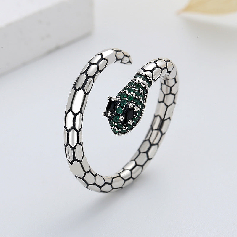 S925 Sterling Silver Emerald Zircon Snakes Fashion Ring - 4 - CJ