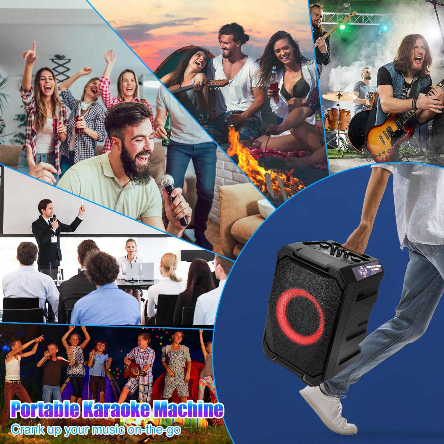 1Pc Portable Wireless Party Speaker With LED Light 2 Wireless Mics Remote Control TWS Music Accompany Mic. Priority Bass Echo Mic Treble Guitar In - 5 - CJ