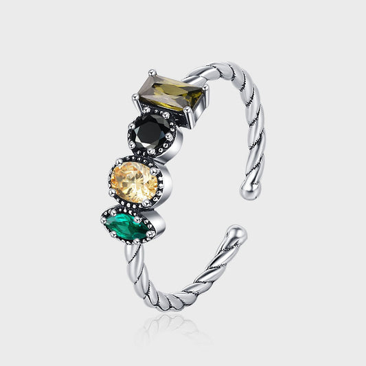 S925 Sterling Silver Olive Green Square Zircon Twisted Rope Chain Irregular Inlaid Index Ring - 4 - CJ