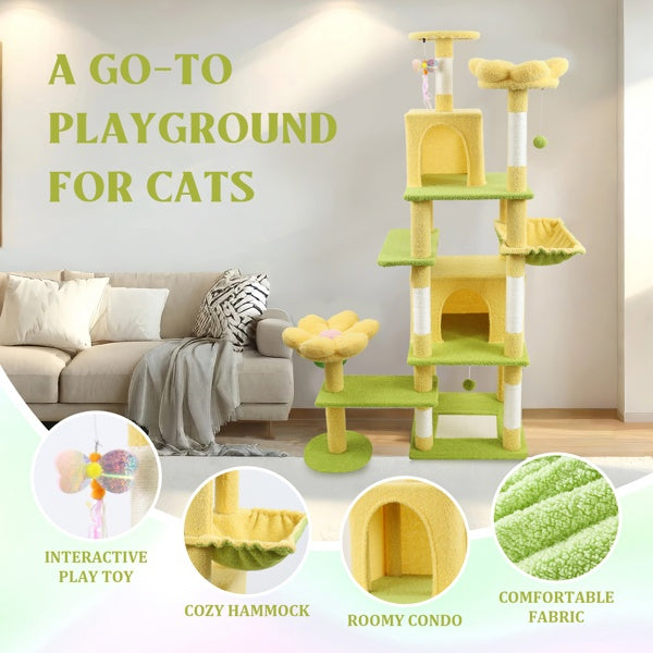 71 Inch Flower Cat Tree With Large Condo Removable Flower Cushion And Hammock Yellow - 5 - CJ