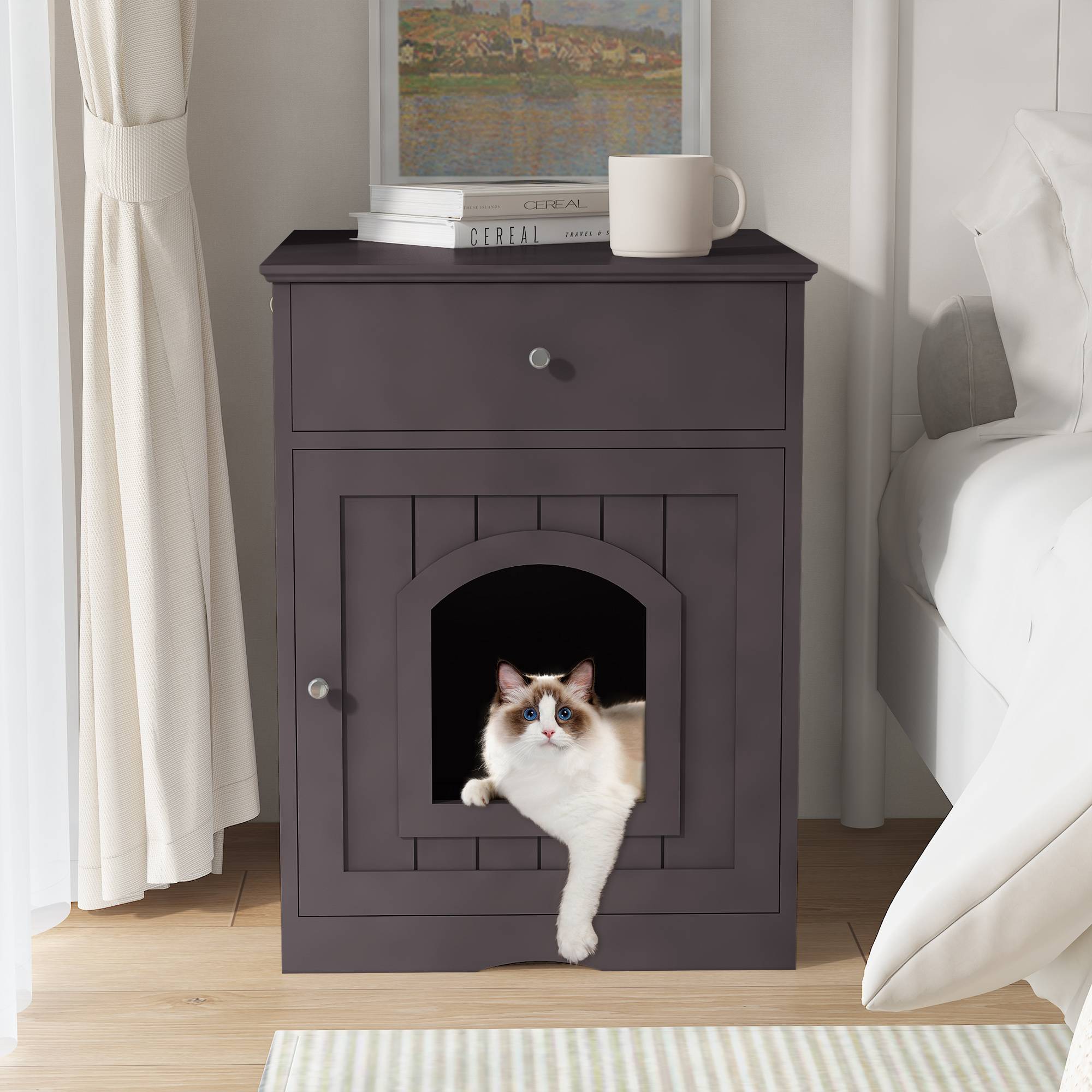 Wooden Pet House Cat Litter Box Enclosure With Drawer, Side Table Indoor Pet Crate - 5 - CJ