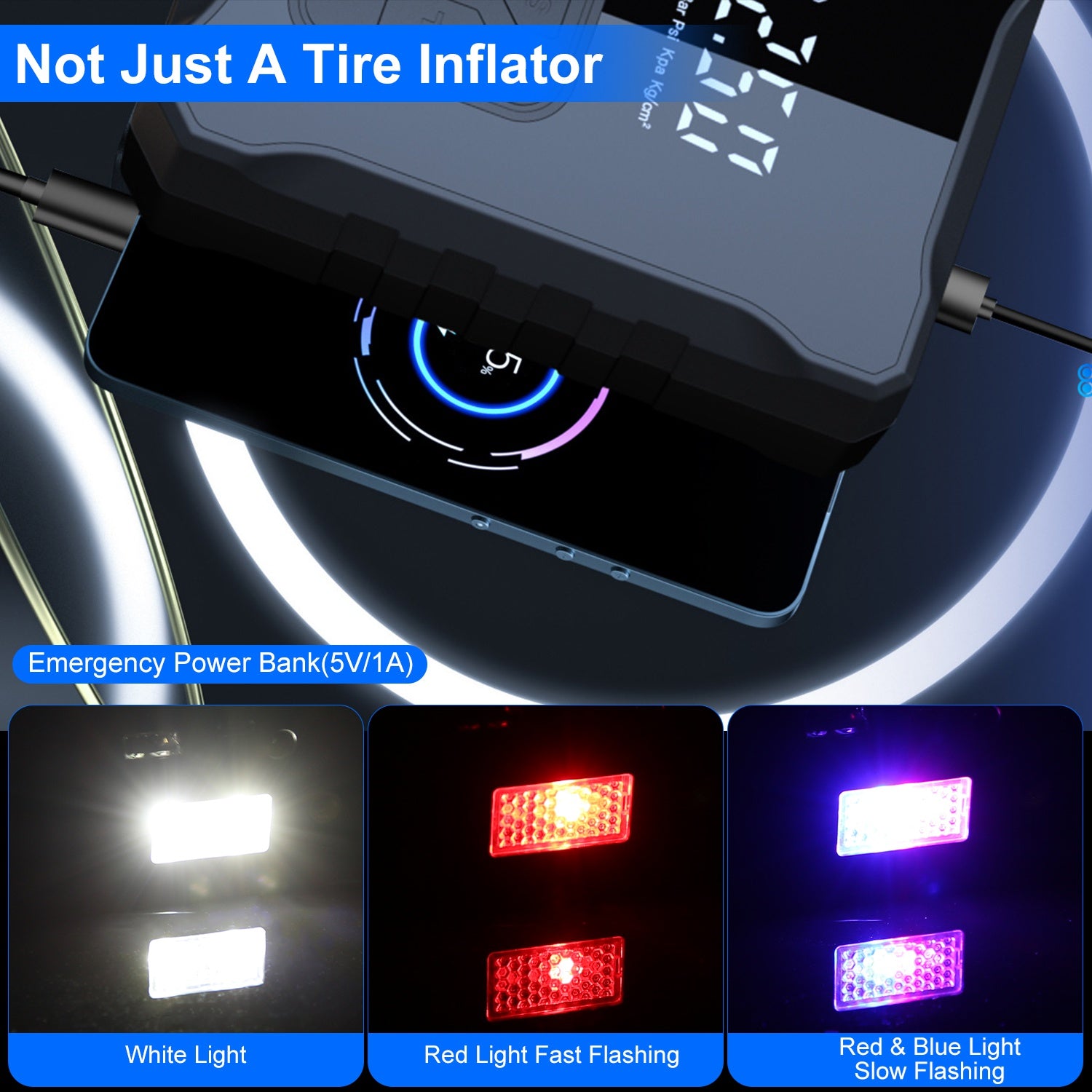 1Pc 150PSI Cordless Tire Inflator Digital Air Compressor With LED Light Emergency Power Bank For Cars Motorcycles Bicycles Balls - 5 - cjdropshipping