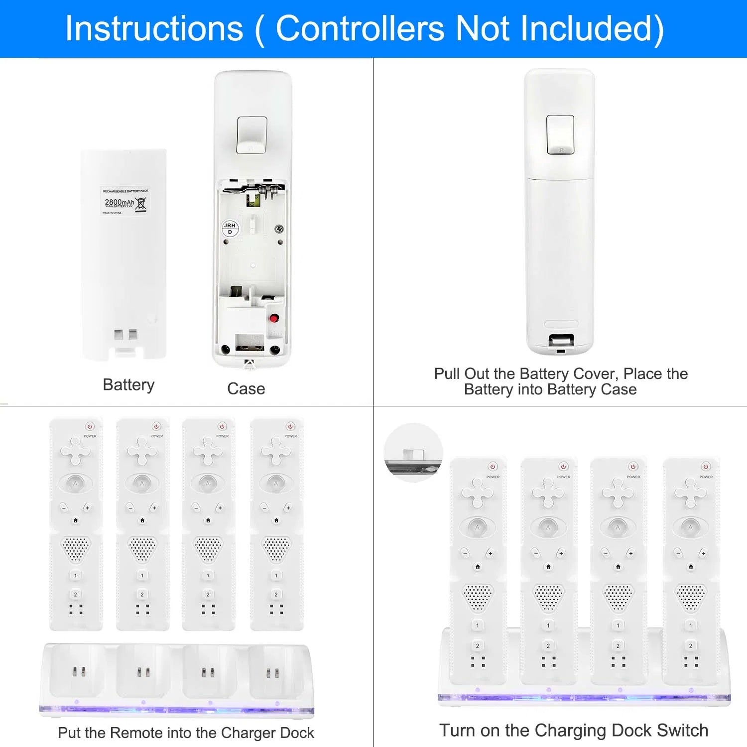 4 Remotes Charging Dock Game Controller Charger 2800mAh Rechargeable Battery Charging Stations W LED Indicator For Wii Nintendo