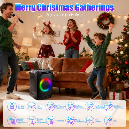 1Pc Portable Wireless Party Speaker With LED Light 2 Wireless Mics Remote Control TWS Music Accompany Mic. Priority Bass Echo Mic Treble Guitar In - 5 - CJ