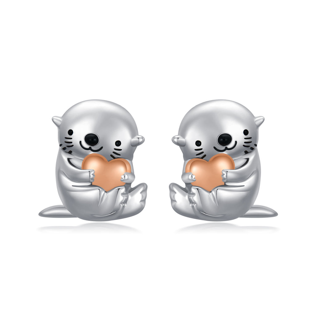 Sea Otter With Heart Earrings Sterling Silver Animal Stud Earrings Otter Earrings