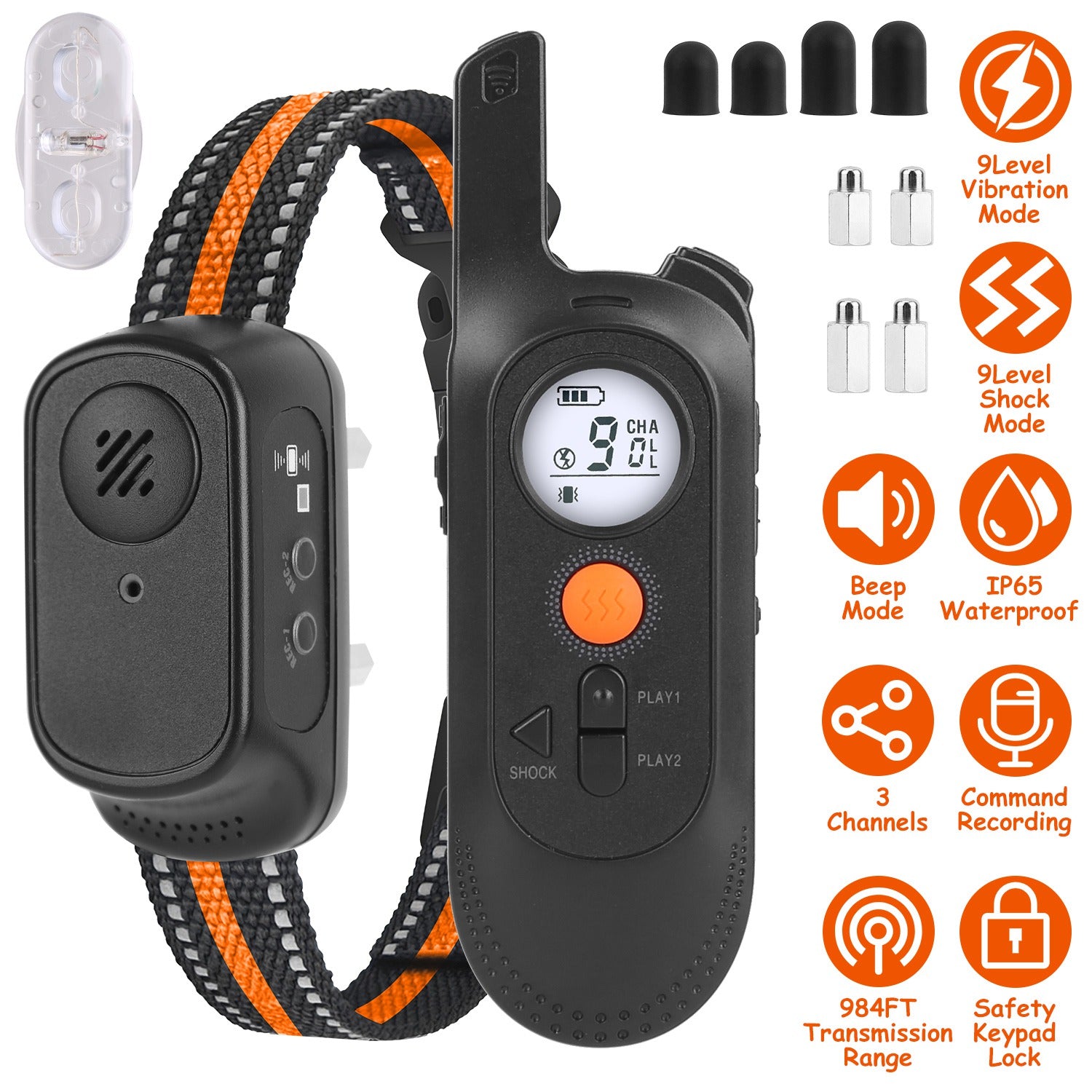 1Pc 984FT Dog Training Collar IP65 Waterproof Pet Beep Vibration Electric Shock Collar 3 Channels Rechargeable Transmitter Receiver Trainer With Recording Safety Keypad Lock - 5 - CJ