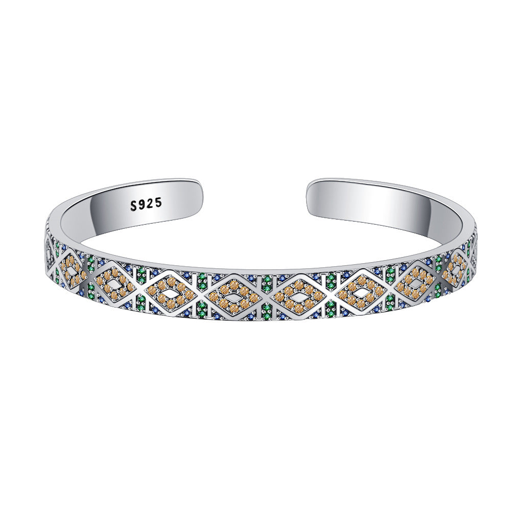 S925 Sterling Silver Geometric Colorful Tribal Elements Diamond Exotic Style Retro Heavy Industry Bracelet Bracelet - 4 - CJ