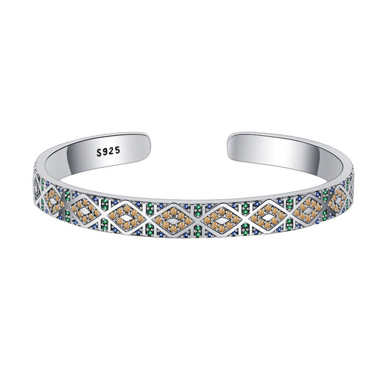 S925 Sterling Silver Geometric Colorful Tribal Elements Diamond Exotic Style Retro Heavy Industry Bracelet Bracelet - 4 - CJ