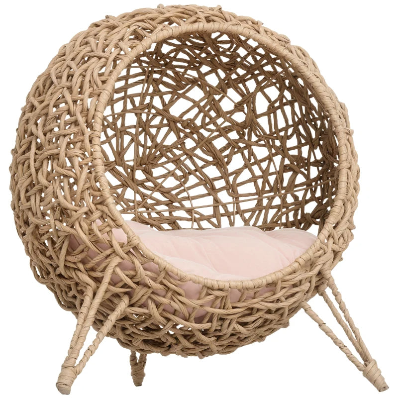 Weaved Cat Bed, Elevated Hand - woven Braided Banana Leaf Kitten House Condo With Cushion, Beige - 5 - CJ
