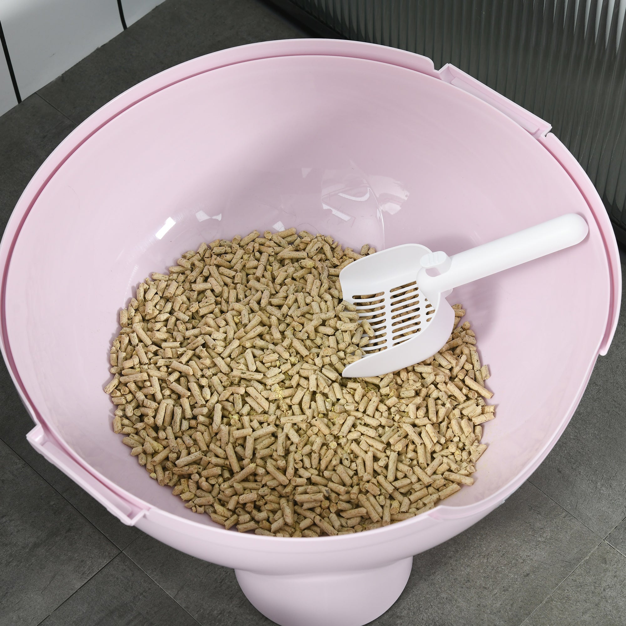 Hooded Cat Litter Box, Large Kitty Litter Pan with Lid, Scoop, Leaking Sand Pedal, Top Handle, Light Pink - 5 - CJ