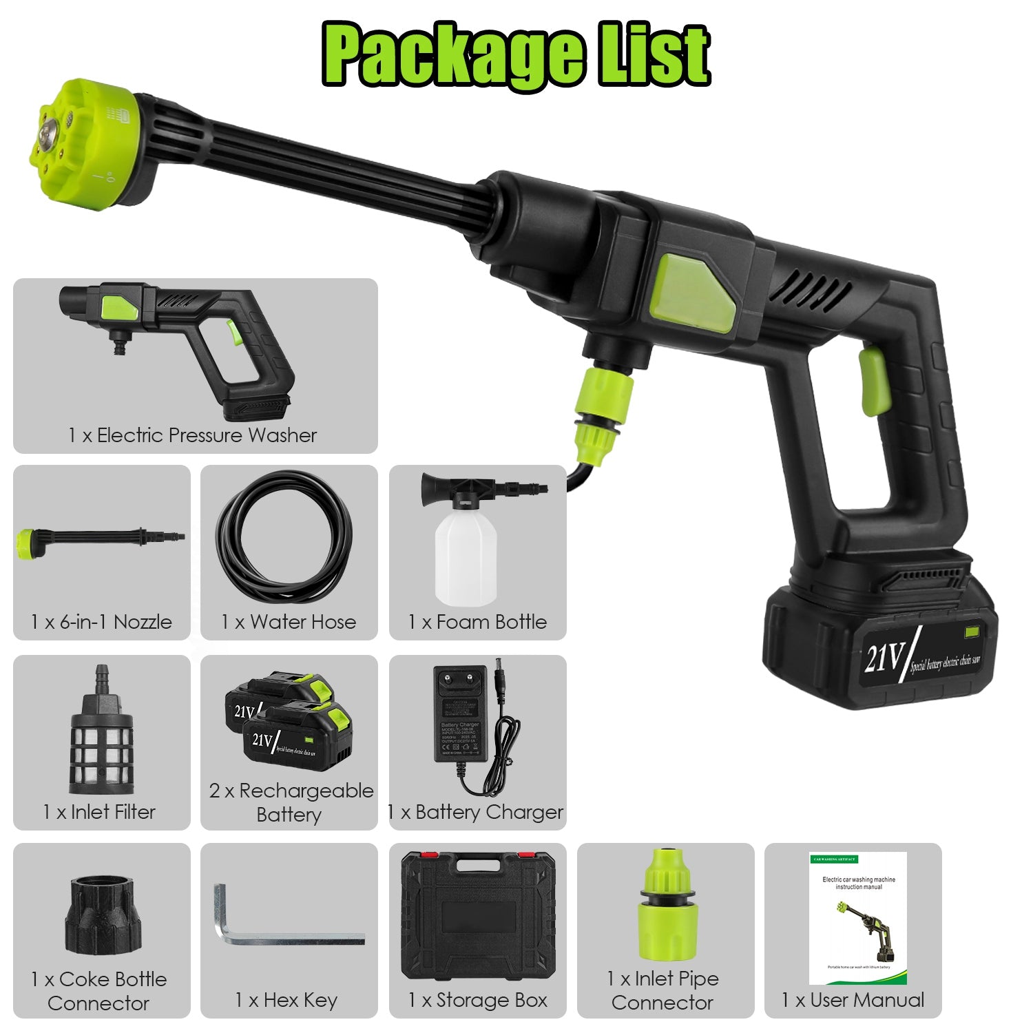 1Set Cordless Pressure Washer Portable Electric Power Washer High Pressure Water Sprayer 435PSI Car Washer Cleaner With 6 In 1 Nozzle Foam Bottle Filter 15000mAh 21V Battery And Charger - 5 - CJ