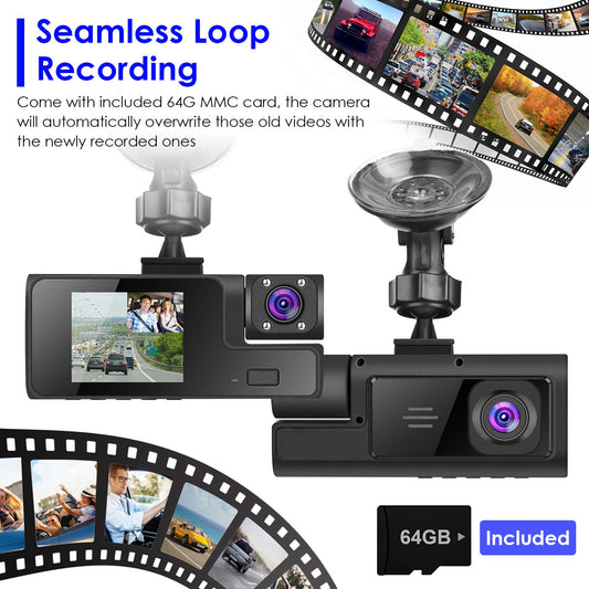 1Pc WiFi FHD 1080P Car Dash Cam 3 Channels Front Rear Inside Dash Camera With Loop Recording Reversing Visual 170 Degree Wide Angle 64G Card Included - 5.0 - cjdropshipping