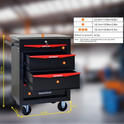 4 Drawers Multifunctional Tool Cart With Wheels,Metal Rolling Tool Cart Storage For Garage Workshop Warehouse Repair Shop - With Stainless Steel Roof - BLACK RED - 5 - CJ