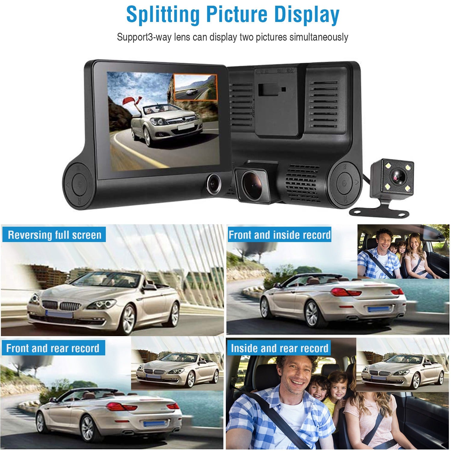 1296P Car DVR Dash Camera 4In 3 Lens Vehicle Driving Recorder Seamless Recording - 5 - cjdropshipping