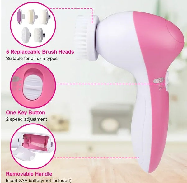 Facial Cleansing Brush Waterproof Face Spin Cleaning Brush With 5 Brush Heads - 5 - CJ