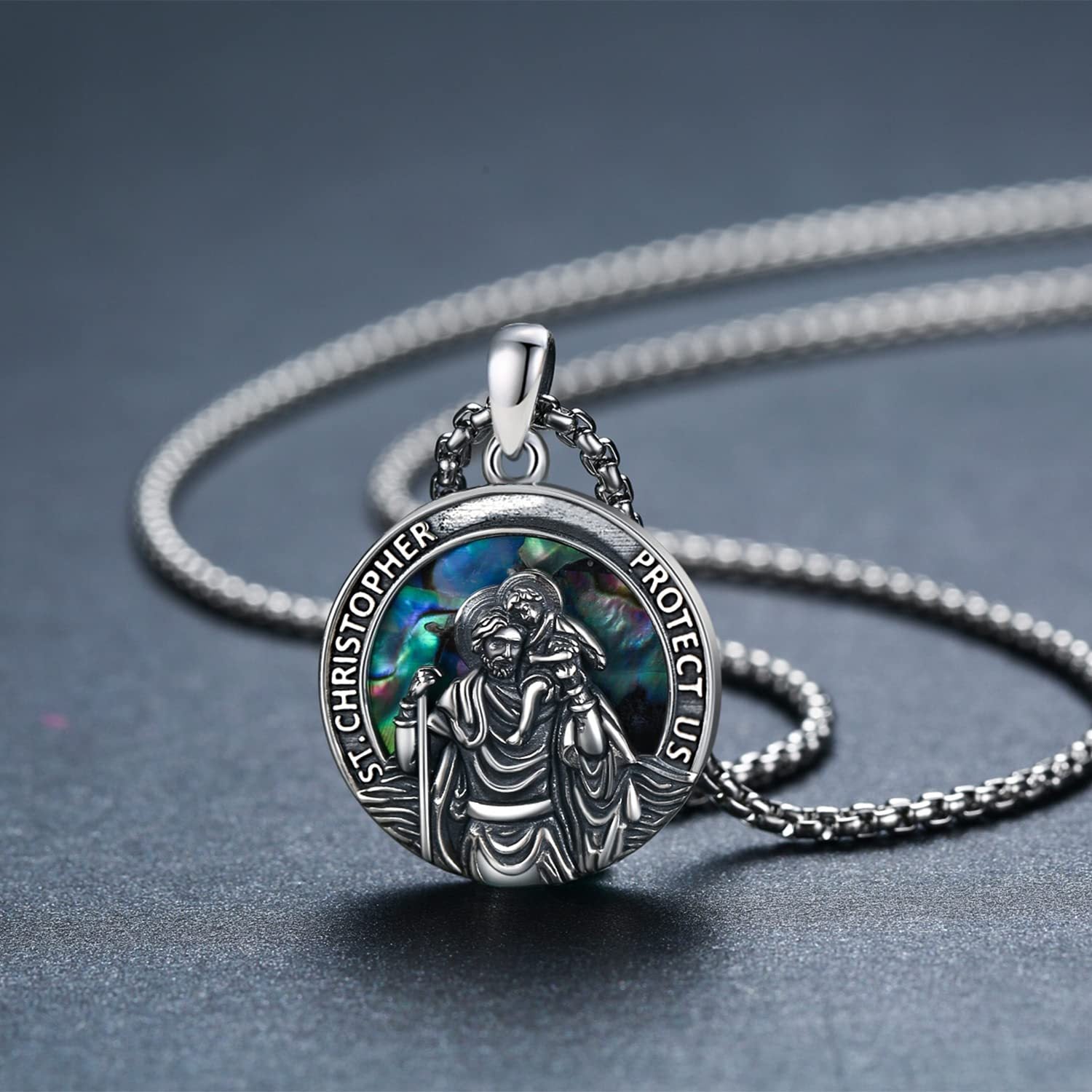 Sterling Silver Round Medal Saint Christopher Pendant Necklace as Catholic Christmas Gifts