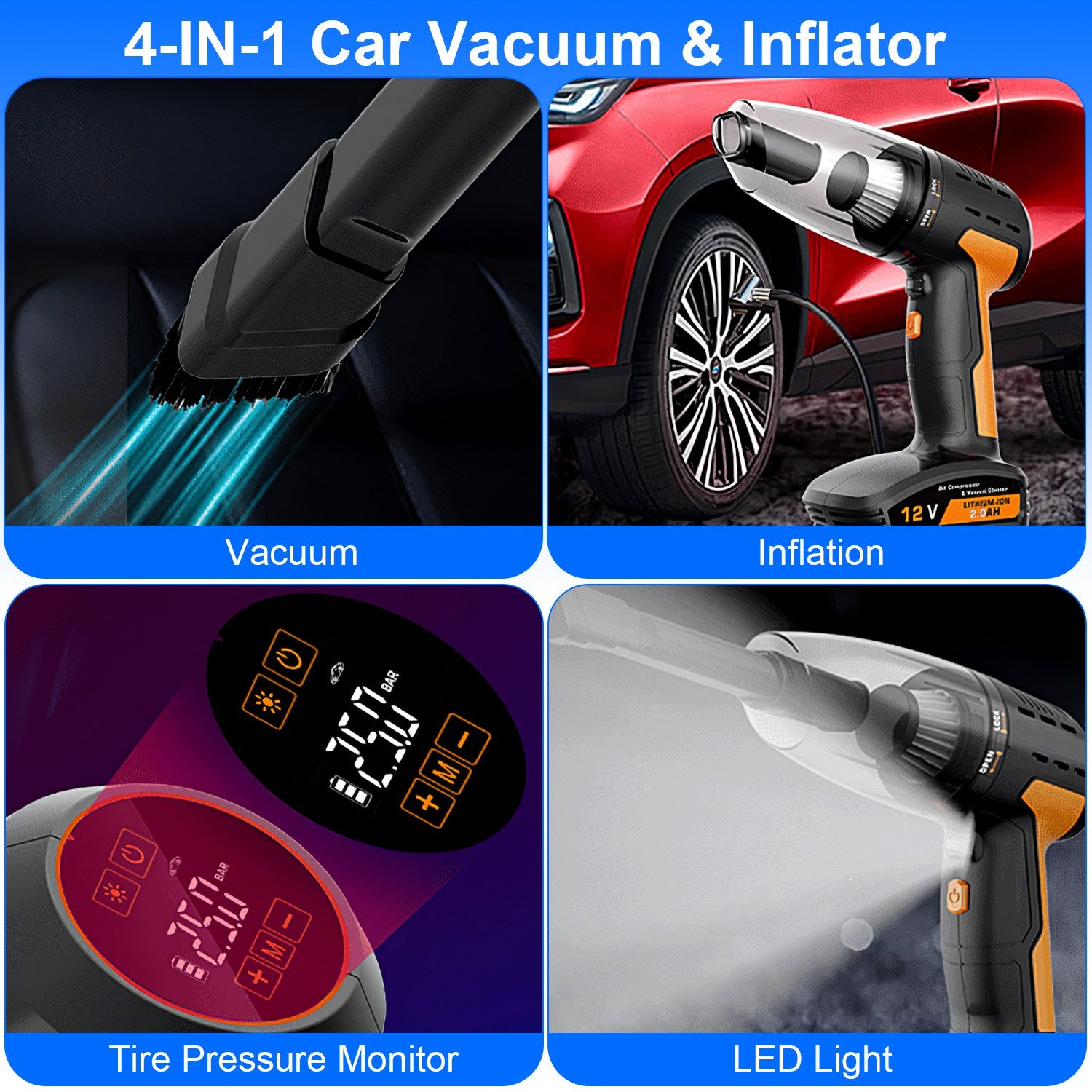 1Pc 4 In 1 Cordless Car Vacuum Cleaner And Tire Inflator With LED Light Digital Display Tire Pressure Gauge 150PSI Rechargeable Air Compressor Pump Essential Car Accessories - 5 - CJ
