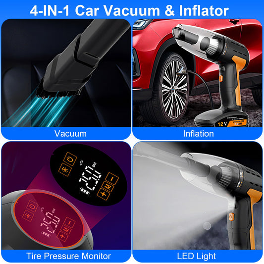 1Pc 4 In 1 Cordless Car Vacuum Cleaner And Tire Inflator With LED Light Digital Display Tire Pressure Gauge 150PSI Rechargeable Air Compressor Pump Essential Car Accessories - 5 - CJ