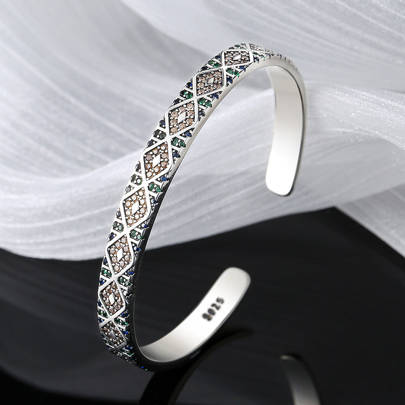 S925 Sterling Silver Geometric Colorful Tribal Elements Diamond Exotic Style Retro Heavy Industry Bracelet Bracelet - 4 - CJ