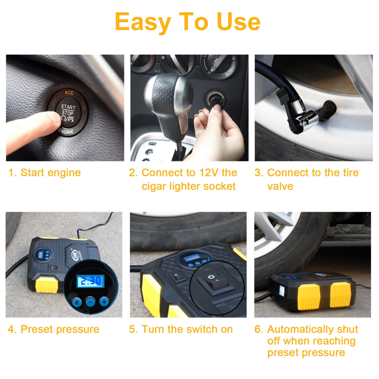 Tire Inflator 12V DC 120W 150PSI With LCD Electric Air Compressor 25L Per Min Large Air Flow - 5 - CJ