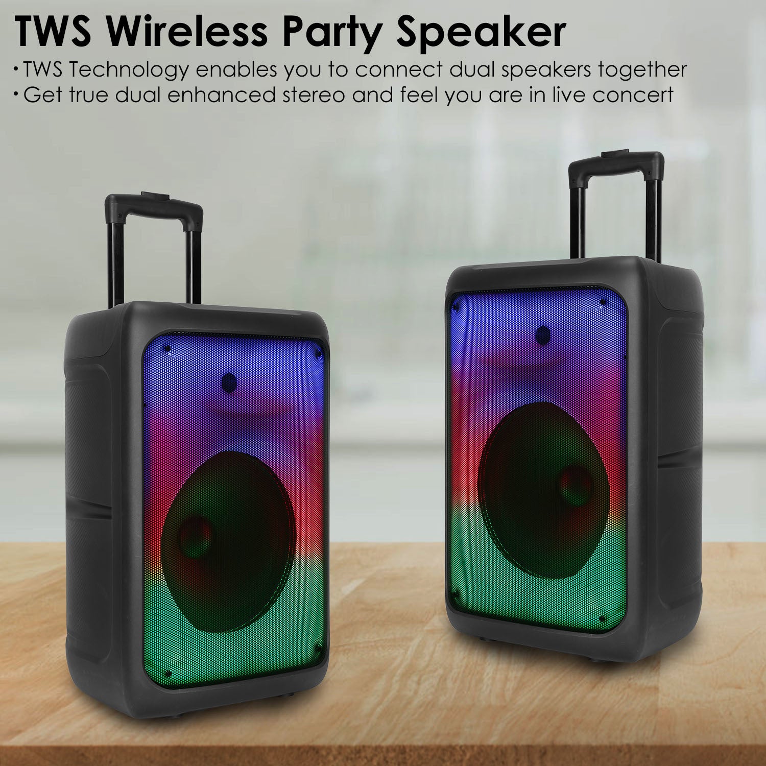 1Pc Portable Wireless Party Speaker Party Speaker With With 5 Colorful Lighting Modes TWS FM USB MMC Slot Aux In Recording Mic Priority Trolley Handle 2 Wheels Remote Control