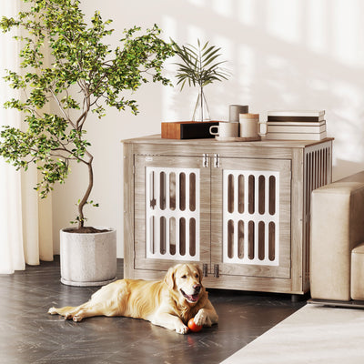 39 Dog Crate Furniture With 2 Doors, Adjustable Non - slip Foot Mats, For Large Dogs, Walnut Brown - 5 - CJ