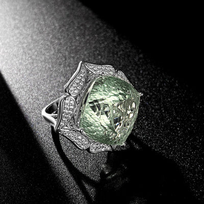 Ins Wind Luxury Crystal Ring Femininity Silver Set With Large Natural Green Crystal - 4 - CJ
