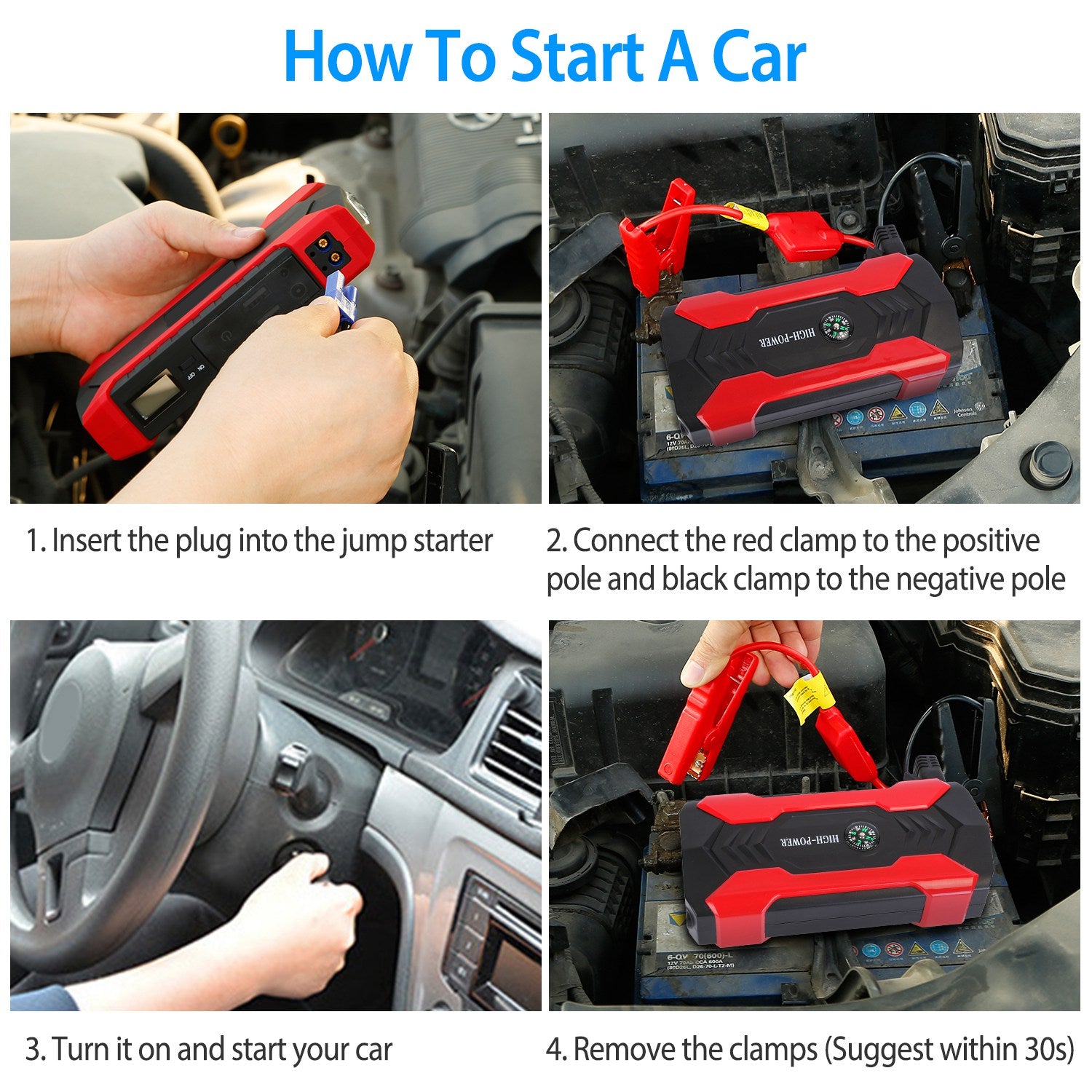 Car Jump Starter Booster 800A Peak 28000mAh 12V Battery Charger Up To 6.0L Gas Or 3.0L Diesel Engine With LCD Screen 4 Modes LED Flashlight - 5 - CJ